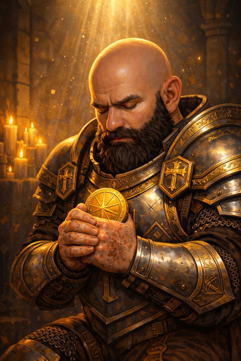Aldric kniend im Gebet, Korvans goldenes Symbol in den Händen